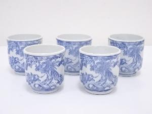 大正期　伊万里焼　印判染付花鳥図湯呑5客